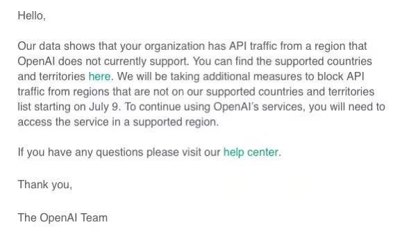 OpenAI宣布终止对中国提供API服务(图1)